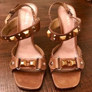Prada Brown heels with gold studded hardware